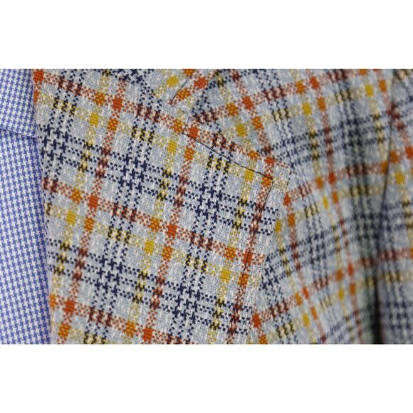 Vintage 60s 70s Double Knit Polyester Blue Orange Gold Check Blazer 44R - Picture 5 of 7